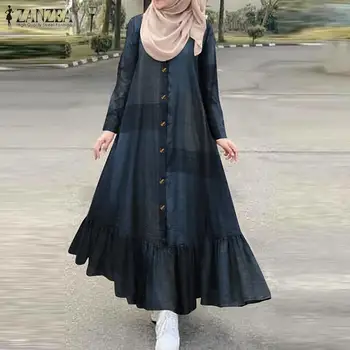 Vintage Skontrolujte Moslimské Oblečenie Žien Jeseň Sundress 2021 ZANZEA Bežné Dlhý Rukáv Prehrabať Vestidos Žena Tlačidlo Vytlačené Župan 5XL