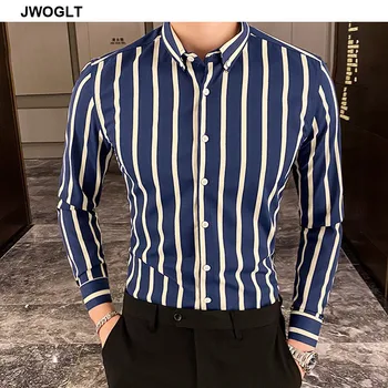 Jeseň Nový Kórejský Módne Bežné Tlačidlo Dole Tričko Mužov Dizajn Značky Slim Fit Muž Tričká Dlhý Rukáv Pruhované Tričká