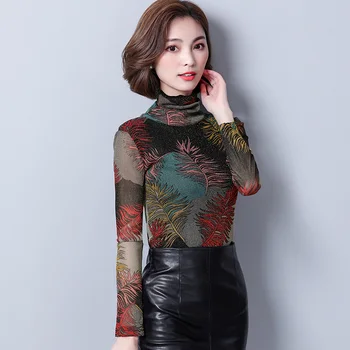 Tlač Na Kvetinový Tričko Oka Turtleneck Vintage, Blúzky Dlhý Rukáv Dámske Topy 2020 Jeseň Slim Kórejskej Ženy Košele Camisas Femininas
