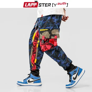 LAPPSTER-Mládež Camo Cargo Nohavice Mužov 2020 Nohavice Pánske Neforemné Farebný Blok Hip Hop Joggers Veľké Vrecká Modré Tepláky Plus Veľkosť