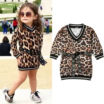 2019 Jeseň Zima Nové 2ks Batoľa Detský Baby Girl Dlhý Rukáv Leopard Šaty+Opasok Bežné T-shirt Dress Oblečenie 1-6 Rokov