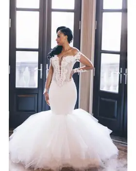 2020 Najnovšie Elegantnej Čipky Morská Víla Svadobné Šaty Dlhé Rukávy Sexy Čipka Svadobné Šaty Vestido De Noiva