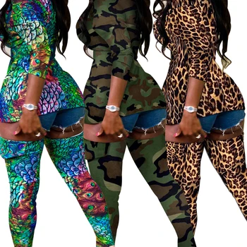HAOYUAN Plus Veľkosť Camo Leopard Dve Kus Ženy Jar Top a Nohavice 2 Ks Plavky Zhodné Sady Sexy Narodeniny Klubu Oblečenie