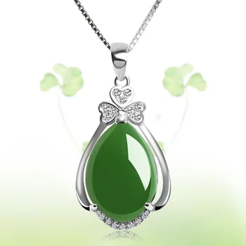Prírodné Green Jade Chalcedony Kvapka Vody Prívesok 925 Strieborný Náhrdelník Čínsky Vyrezávané Kúzlo Šperky, Módne Amulet Darčeky pre Ženy
