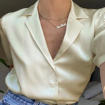 Nové letné pevné tlačidlo top žien Saténový oblek golier fashion tričko dámske topy a blúzky kórejský módne oblečenie