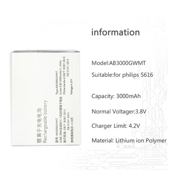 Pre Philips S616 Polymer Li-ion Batéria 3000mAh AB3000GWMT Nabíjateľné Batérie Pre Mobilný Telefón Philips S616