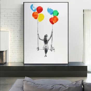 Moderné Umenie Farebné Balóny Swing Abstraktný Obraz Dekor Plátno Maľovaní Plagátov A Vytlačí Dievča Swing Wall Art Decoration