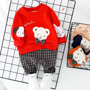 Nové Dieťa Cartoon Medveď Oblečenie Set Pre Dievča, Chlapca, Nové Dorazí Top Módne a Kockované Nohavice 1 2 3 4 Rokov