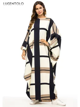 Lugentolo Ženy Maxi Šaty Plus Veľkosť Módne Voľné Bat Dlhý Rukáv Spájať Kontrast Farieb Arabských Moslimských Bežné Kolo Krku Šaty
