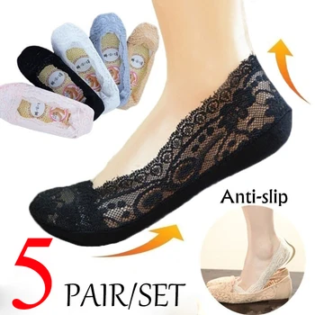 5Pair/Pack Neviditeľné Anti-Slip Členkové Ponožky Čipky Ponožky Ženy Krátke Ponožky Kvetinové Módne Bavlna No-Show