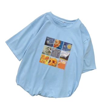 Van Gogh Olejové Maľby Print T Shirt Ženy Letné Nový Krátky Rukáv Harajuku Bežné Kawaii Zábavné Voľné Tee Tričko Femme Kórejský Topy