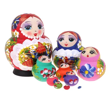 Vianočné Dekorácie, Darčekové Farebné Kvety Vytlačené Ruskej Matryoshka Babushka Bábiky – Ručne Maľované 10 Ks Súprava