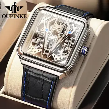OUPINKE Automatické Hodinky Mužov Kostra Mechanické Hodinky Steampunk Sapphire Crystal Námestie Kožené Transparentné športové Náramkové hodinky
