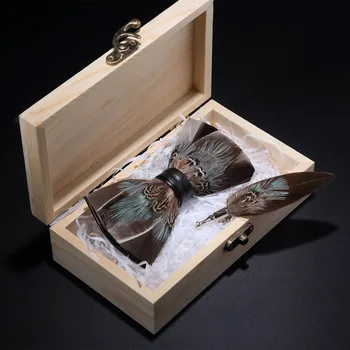 RBOCOTT Pôvodná Zelená Vtákov Pierko motýliky Prírodné Ručne Vyrobené Bowtie Brošňa v Drevenej Krabici Darček Box Set Pre Mužov Business Strany