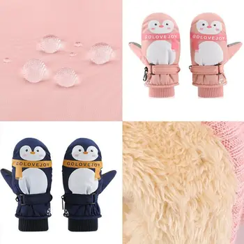 Baby, Deti, Chlapec a Dievča Cartoon Penguin Nepremokavé Rukavice Dvojvrstvové Rebrované Manžety Nastaviteľné Anti-Slip Zimné Lyžiarske Rukavice 7-12T