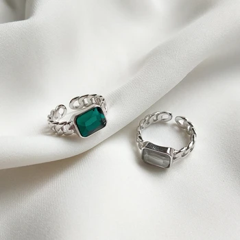 LouLeur 925 sterling silver štvorec zelený biely zirkón reťazca prstene strieborné jednoduché wild elegantné otvoriť prstene pre ženy, jemné šperky