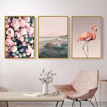 Zviera Flamingo Plátno Na Maľovanie Nordic Kvety Wall Art Seascape Plagát A Tlač Modernej Obývacej Izby, Spálne Dekorácie Obrázok