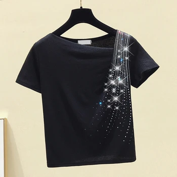 Horúce Vŕtanie Black Nepravidelný Krátke Rukávy T-shirt dámske Letné Top Slim All-zápas Čierne Tričká T Shirt Mujer