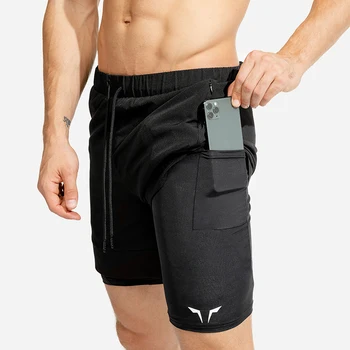 2020 nový 2-v-1 mužov bežné jogging športové šortky pánske double-layer priedušná elastická nylon textílie fitness šortky