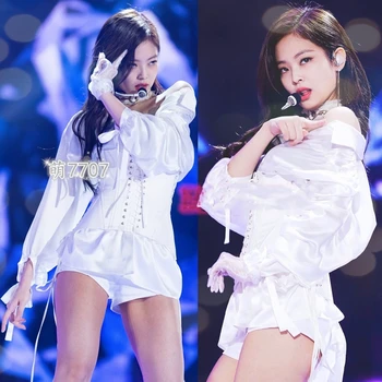 Kpop kórejský Celebrity rovnaké Biele long-sleeve tričko ženy fáze výkonu oblečenie krajky-up vesta sexy šortky žena dva dielna sada