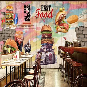 Európske a Americké Hamburgery Graffiti Pozadí 3D nástennú maľbu, Tapety Retro Fast Food Reštaurácia, Snack Bar Výzdoba Steny Papier 3D