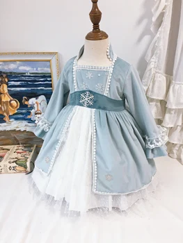 Dieťa Dievča, Jeseň, Zima Svetlo Modrý Sneh Velvet Dlhý Rukáv Lolita Princezná plesové Šaty, Šaty pre Dievča Vianoce Príležitostné