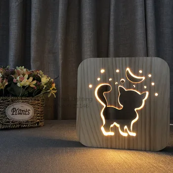Drevené Lampa Zvierat Roztomilý kawaii Mačka Packa Lampa 3D USB LED Tabuľka Light Switch Kontroly drevorezbárstvo Čítanie pre Deti Miestnosti Dekorácie