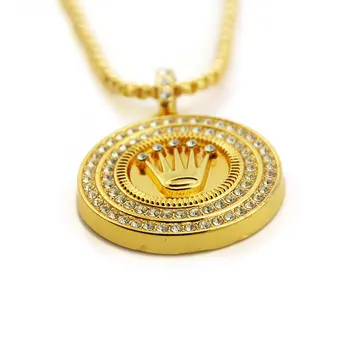 Ľadový Z Crystal Koruny Kolo Prívesok Náhrdelník hip hop pozlátené Bling náhrdelníky s reťazca šperky pre mužov a ženy
