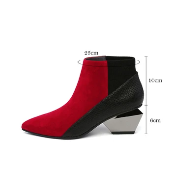 Chelsea Boots Black Red Jesenné Topánky Pre Ženy pravej Kože Ukázal Prst Zmiešané Farby Robustný Podpätku, Členkové Topánky HL122 MUYISEXI