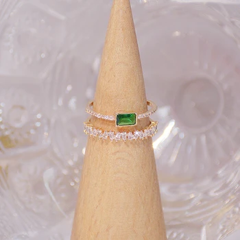 Bohemia Emerald Green Crystal Ženy Krúžok Dvojité Transparentné Vrstvy Zirkón Elegantné Bague Anillos Lesk Svadobné Svadobné Šperky