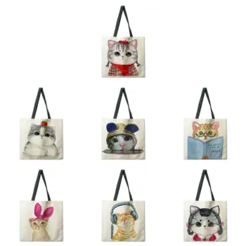 Akvarel mačka tlače tote bag bielizeň textílie taška na bežné skladací nákupní taška vonkajšie plážová taška denne kabelka