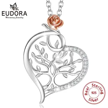 EUDORA 925 Sterling Silver Luxusné Rose gold Rose-Kvet, Strom, Prívesok Srdce CZ Náhrdelník Pre Ženy, dievča, Jemné Šperky s box D516