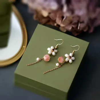 SINZRY kórejský štýlové šperky tvorivé ručne vyrábané prírodné perly sweety peach pink strapec náušnice pre ženy
