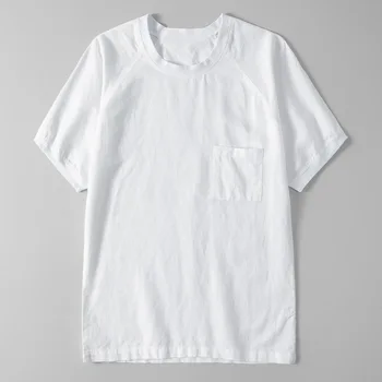 Bavlnená Posteľná Bielizeň T Shirt Mužov O-Krku Krátky Rukáv T-Shirt Bežné Jedno Vrecko Tees Topy Y1926