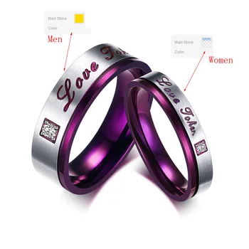 Móda Jedinečný pár prstene pre mužov, ženy z nehrdzavejúcej ocele CZ zásnubný prsteň Fialová