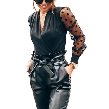 2020 Žien Hlboké V-neck Blúzka Transparentné Polka Dot Oka Tričko Lístkového Rukáv Top Čierne Tričko Femme Strany Blúzky Clubwear