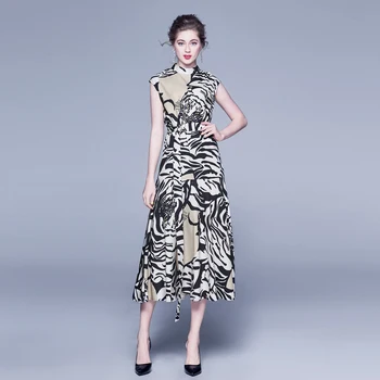 ženy šaty nové tigrie pruhy vytlačené golierom bez rukávov pás s pásom temperament vintage šaty strany vestidos