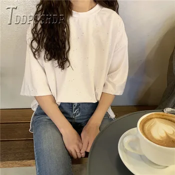 Čistá Farba Bling Bežné Ženy Tričko 2019 Lete Harajuku Kolo Krku Ženský Čaj Košele