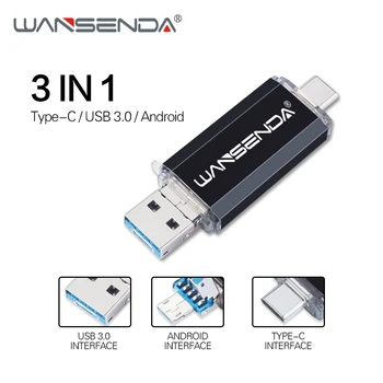 WANSENDA USB Flash 3 v 1 s rozhraním USB 3.0 a Typ-C Micro USB Pero Disku 512 gb diskom 256 GB 128 GB 64 GB 32 GB USB OTG kl ' úč