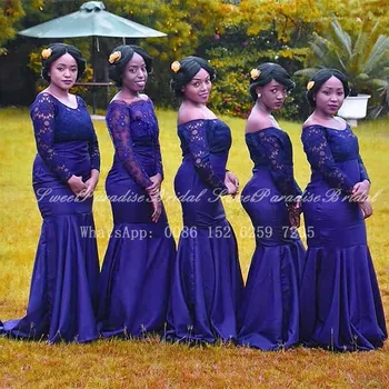 2020 Kráľovská Modrá Čipky Morská Víla Bridesmaid, Šaty S Dlhými Rukávmi Loď Krku Africkej Nigérii Ženy, Svadobné Party Šaty Vestidos