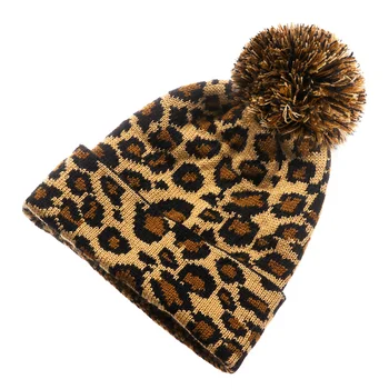 Zimná dámska móda leopard čiapočku klobúk pletený hat roztomilý kožušiny pompom teplé ski hat