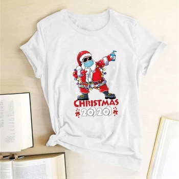 2020 Vtipné Vianočné Santa Claus Nosiť Masku Tlač Ženy Vianočné T-Shirt Príležitostné Voľné Tričko Krátky Rukáv Roztomilý Topy Tees Žena