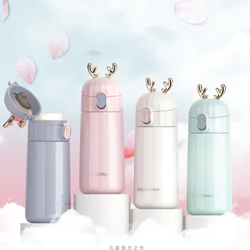 Aikesi roztomilý jeleň kórejská verzia roztomilý antler termosky pohár pre mužov a ženy, zámok jar kryt malý praktický darček pohár