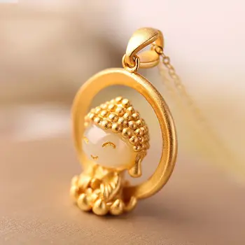 Nový silver vykladané prírodné Hetian jade prívesok náhrdelník Čínskej klasickej jedinečný piesku zlaté remeslo svetlo luxusné dámske šperky