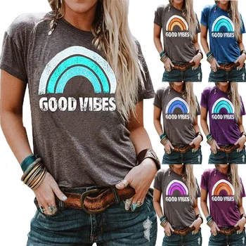 NCLAGEN Ženy Top Dobré Vibrácie Rainbow List Vytlačený Okrúhlym Výstrihom, Krátky Rukáv T-shirt Graphic Tee Voľné Omighty Plus veľkosť móda