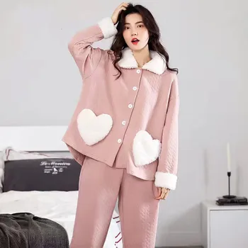 2020 Zimné Bavlnené Pyžamo Set Pre Ženy, 2 Kusy Sleepwear Dlho-Rukávy Topy+Nohavice, Pyžamá Nastaviť Teplý Odev Pre Ženy