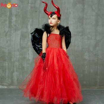 Zlo Scarlet Red Dievčatá Fantázie Tutu Šaty s Rohmi a Krídla Deti Čarodejnice Diabol Demon Šaty Až na Halloween Kostým Deluxe Šaty Šaty