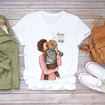 Harajuku módy tlače T-shirt ženy pohodlné voľný čas kawaii oblečenie rodič-dieťa vytlačené matka a dieťa