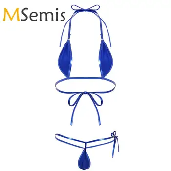 Dámske Micro Bikini, Plavky, Lesklý Kovový Mini Špagety Popruhy Trikini Odev 2KS Bikini Set alebo Cezhraničné Celých Plaviek