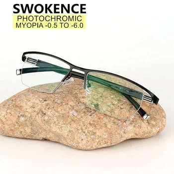 SWOKENCE Pol Rám Photochromic Krátkozrakosť Okuliare Muži Ženy Nearsighted Okuliarov na Predpis Okuliarov SPH -0.5 na -5.5 -6.0 F015